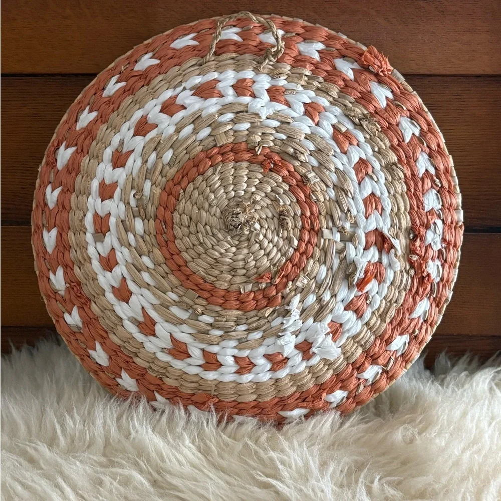Handwoven Decorative Basket in Orange, White, and Tan